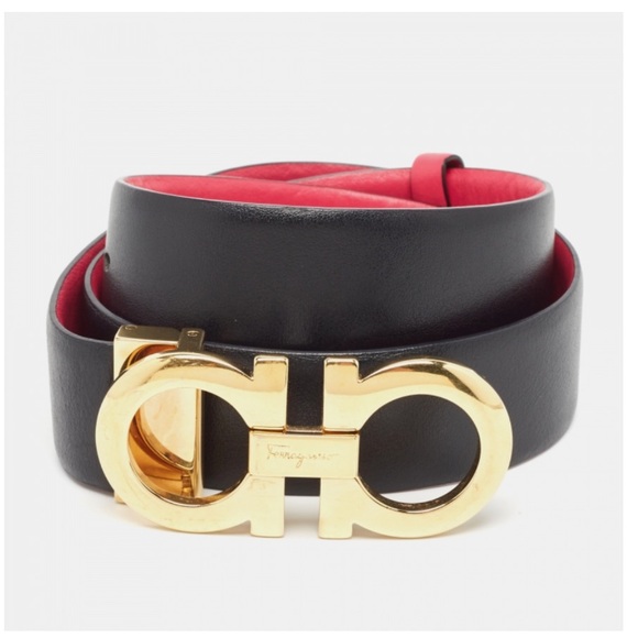 Salvatore Ferragamo Gancini Reversible Red Black Leather Belt Gold Buckle
